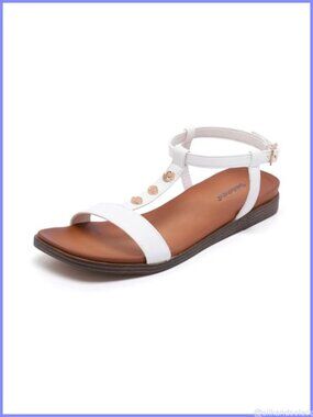 T-Strap Flat Sandals Square Toe Gold Buckle Adjustable Ankle Strap